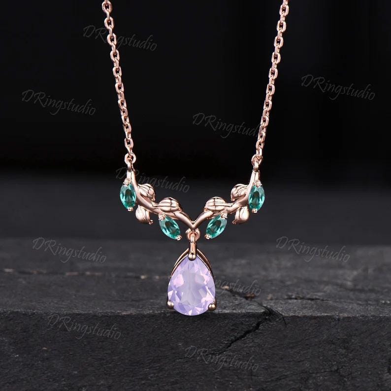 Nature Inspired Pear Lavender Amethyst Necklace 14k Rose Gold Natural Amethyst Opal Charm Pendant Twig Leaf Vine Necklace Anniversary Gift