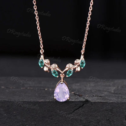 Nature Inspired Pear Lavender Amethyst Necklace 14k Rose Gold Natural Amethyst Opal Charm Pendant Twig Leaf Vine Necklace Anniversary Gift