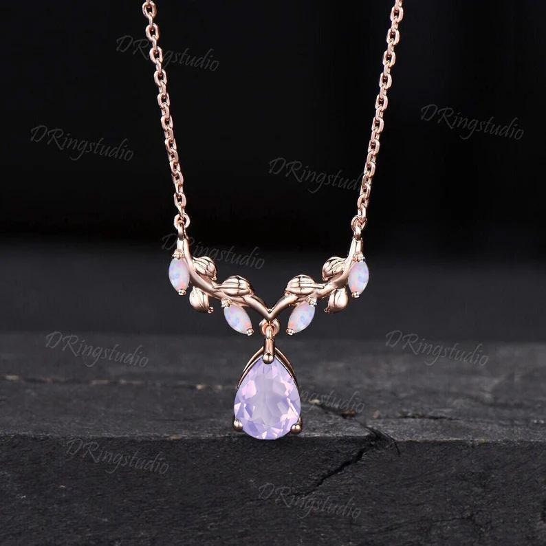 Nature Inspired Pear Lavender Amethyst Necklace 14k Rose Gold Natural Amethyst Opal Charm Pendant Twig Leaf Vine Necklace Anniversary Gift