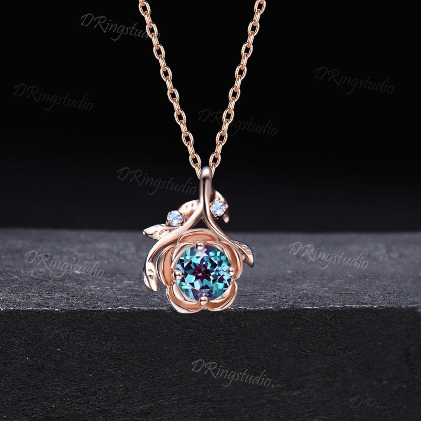 Nature Inspired Round Alexandrite Necklace 14k Rose Gold Floral Necklace Rose Flower Moonstone Pendant Leaf Charm Necklace Anniversary Gift