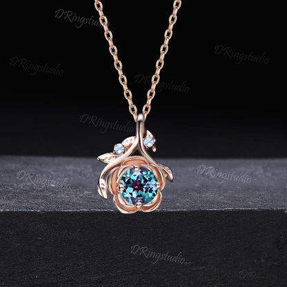 Nature Inspired Round Alexandrite Necklace 14k Rose Gold Floral Necklace Rose Flower Moonstone Pendant Leaf Charm Necklace Anniversary Gift