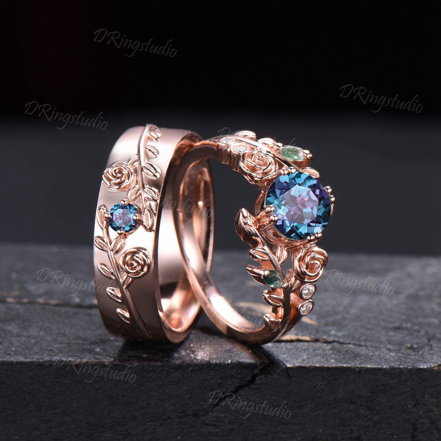 2pcs Leaf Couples Ring Set For Men and Women Nature Inspired Round Alexandrite Wedding Rings Set 14k Solid Gold Floral Engagement Ring Gift