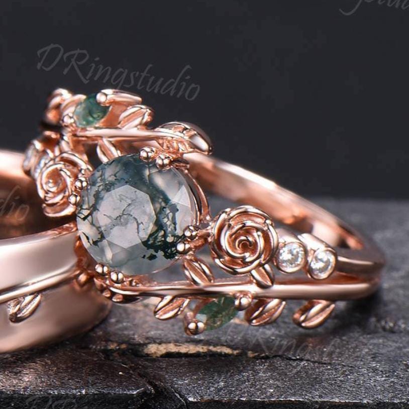 2pcs Nature Inspired Couple Rings Set 14k Rose Gold Moss Agate Wedding Ring For Men and Women Branch Leaf Vine Matching Ring Set for Couples