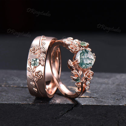 2pcs Nature Inspired Couple Rings Set 14k Rose Gold Moss Agate Wedding Ring For Men and Women Branch Leaf Vine Matching Ring Set for Couples