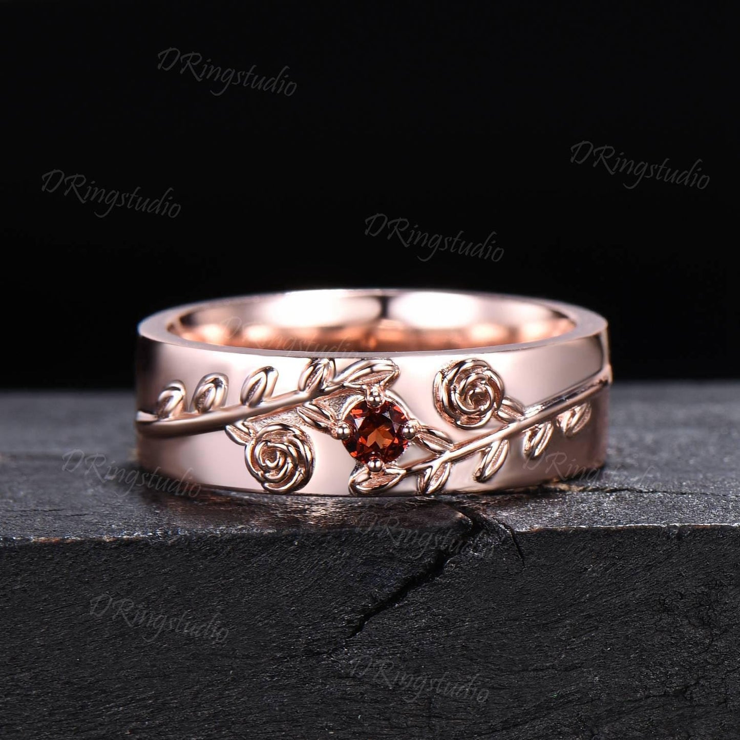 2pcs Round Red Ruby Promise Couple Rings Set 14k Rose Gold Leaf Branch His and Hers Wedding Band Nature Inspired Matching Ring Proposal Gift