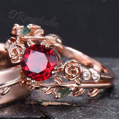 2pcs Round Red Ruby Promise Couple Rings Set 14k Rose Gold Leaf Branch His and Hers Wedding Band Nature Inspired Matching Ring Proposal Gift