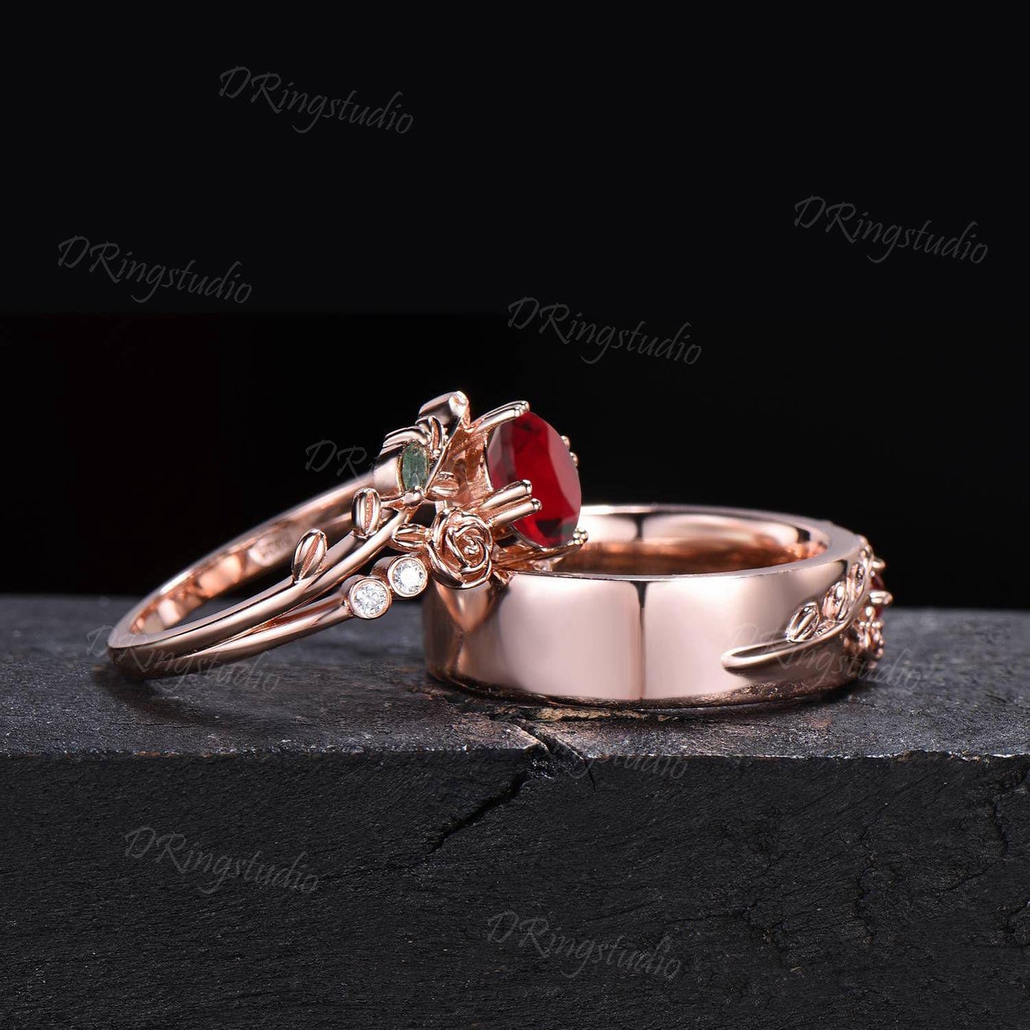 2pcs Round Red Ruby Promise Couple Rings Set 14k Rose Gold Leaf Branch His and Hers Wedding Band Nature Inspired Matching Ring Proposal Gift