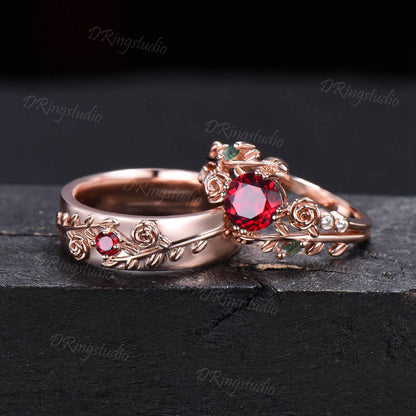 2pcs Round Red Ruby Promise Couple Rings Set 14k Rose Gold Leaf Branch His and Hers Wedding Band Nature Inspired Matching Ring Proposal Gift