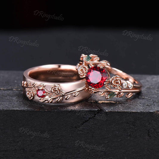 2pcs Round Red Ruby Promise Couple Rings Set 14k Rose Gold Leaf Branch His and Hers Wedding Band Nature Inspired Matching Ring Proposal Gift