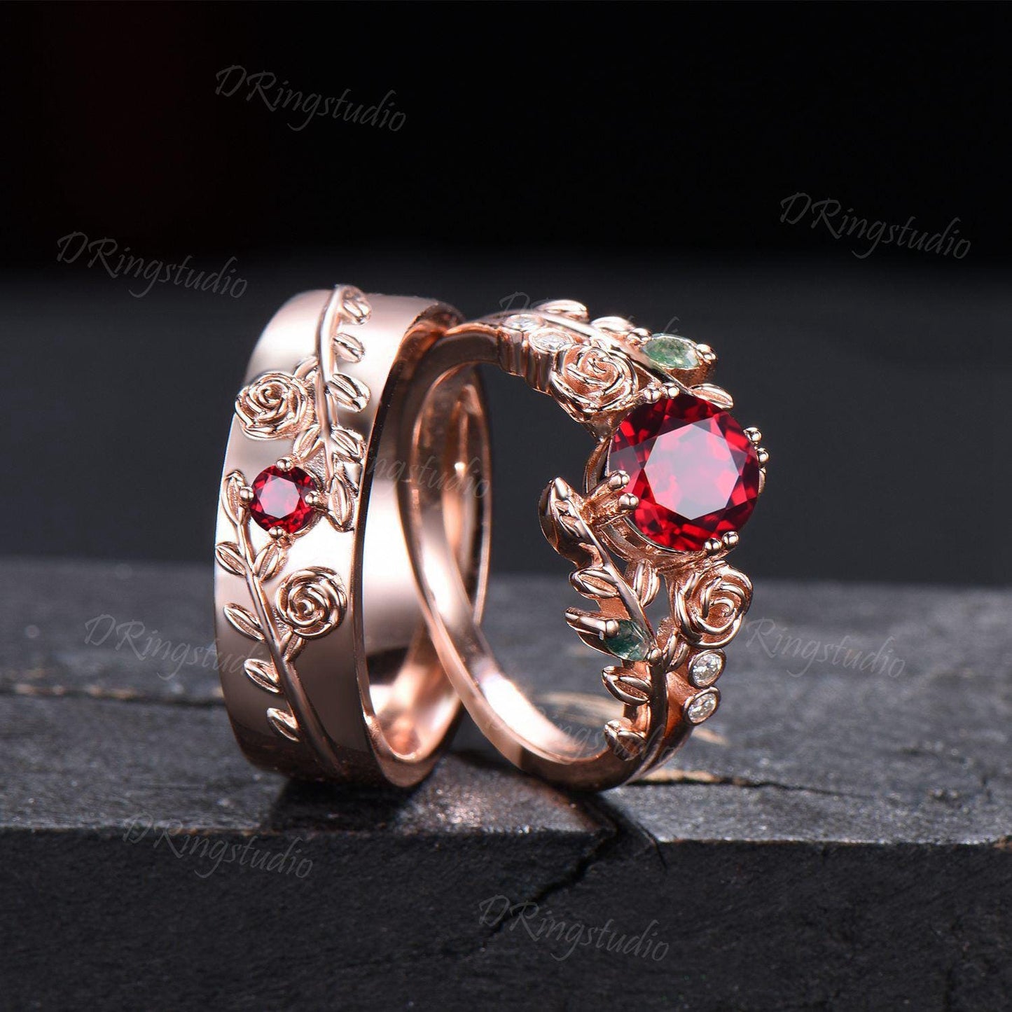 2pcs Round Red Ruby Promise Couple Rings Set 14k Rose Gold Leaf Branch His and Hers Wedding Band Nature Inspired Matching Ring Proposal Gift