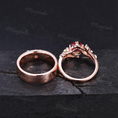 2pcs Round Red Ruby Promise Couple Rings Set 14k Rose Gold Leaf Branch His and Hers Wedding Band Nature Inspired Matching Ring Proposal Gift