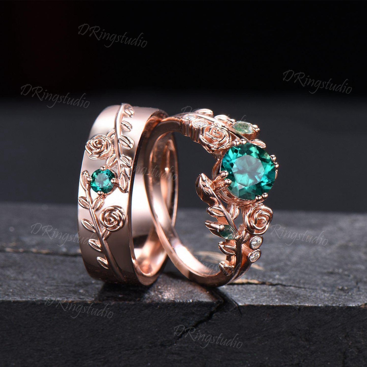 2pcs Branch Leaf Couple Rings Set For Men and Women Flower Green Emerald Wedding Ring Set Matching Promise Rings for Couples Proposal Gift