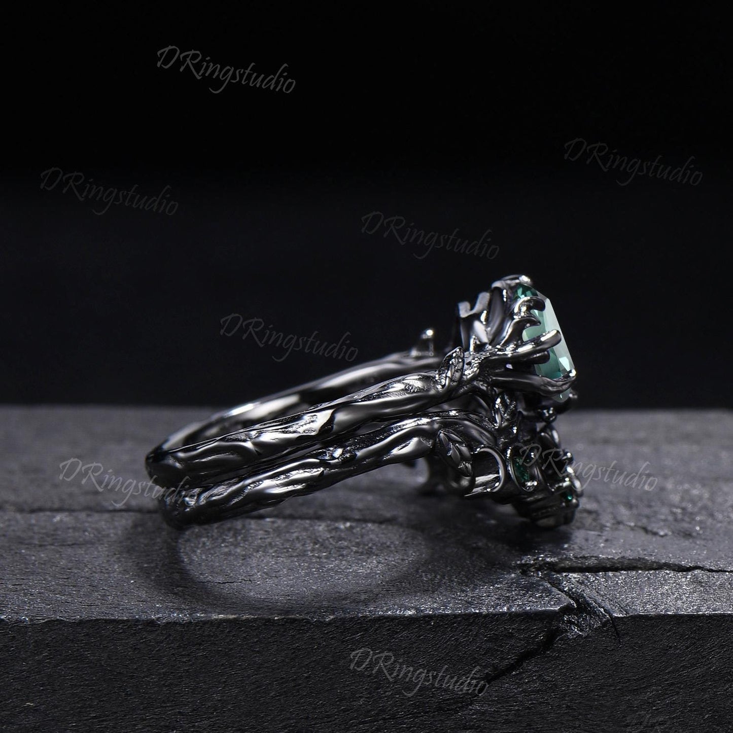 Gothic Black Round Green Sapphire Engagement Ring Set Black Gold Branch Leaf Wedding Ring Nature Inspired Green Emerald Bridal Ring Set Gift