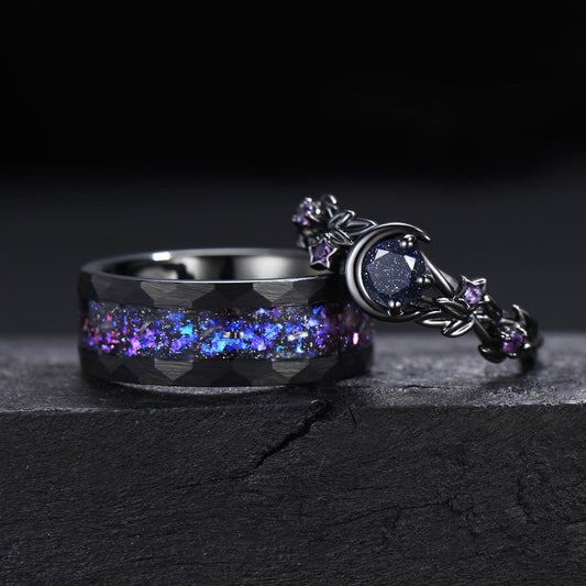 Gothic Nebula Couple Ring Set Galaxy Blue Sandstone Moon Engagement Ring Black Tungsten Ring His and Hers Matching Wedding Band Promise Gift