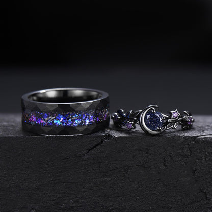 Gothic Nebula Couple Ring Set Galaxy Blue Sandstone Moon Engagement Ring Black Tungsten Ring His and Hers Matching Wedding Band Promise Gift
