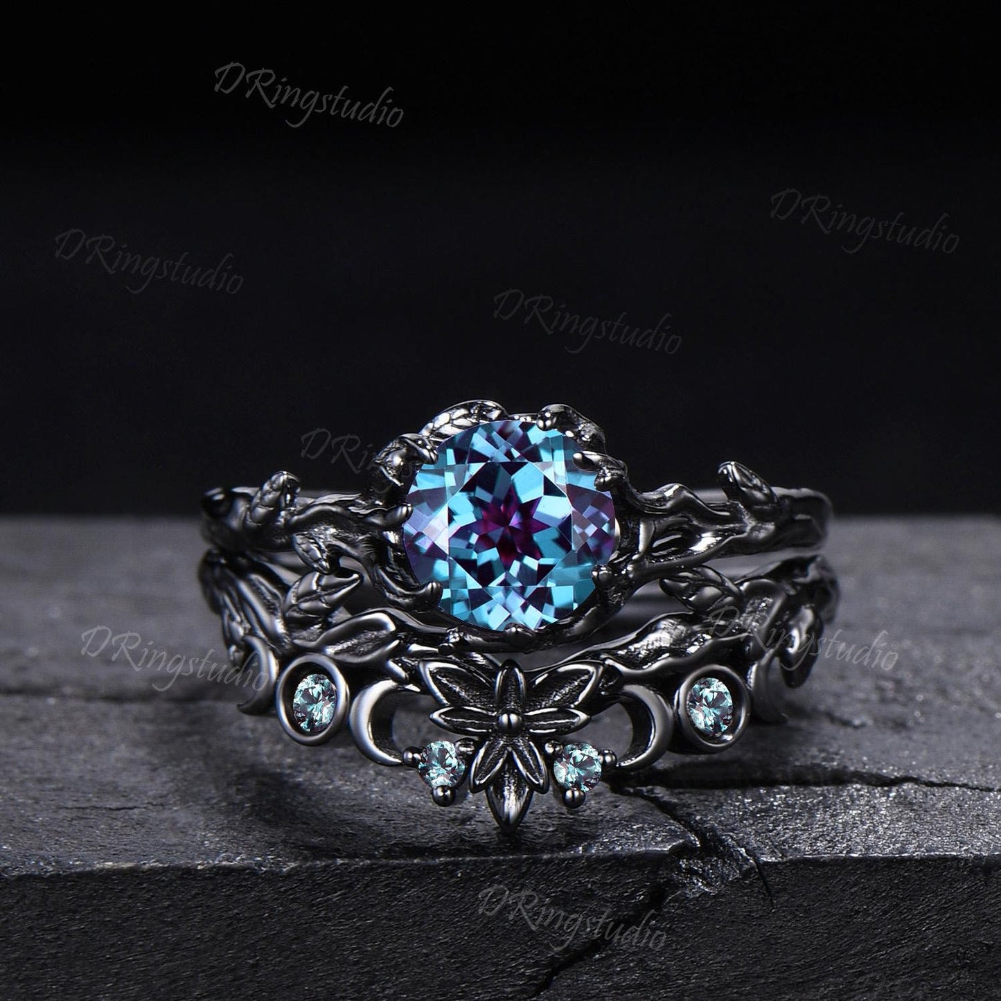 Black Gothic Alexandrite Wedding Ring Goth Engagement Ring Boho Leaf Branch Bridal Ring Set June Birthstone Witchy Jewelry Anniversary Gift