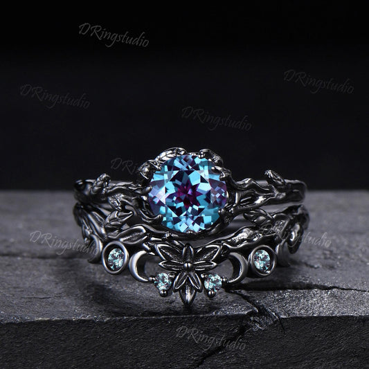 Black Gothic Alexandrite Wedding Ring Goth Engagement Ring Boho Leaf Branch Bridal Ring Set June Birthstone Witchy Jewelry Anniversary Gift