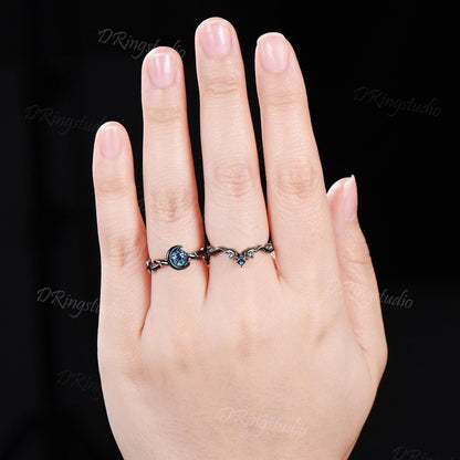 Gothic Black Vine Alexandrite Engagement Ring Celestial Moon Round Alexandrite Wedding Ring Set Black Gold Twig Ring Proposal Gift for Women