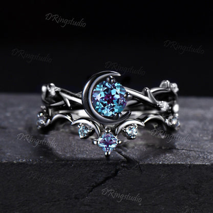 Gothic Black Vine Alexandrite Engagement Ring Celestial Moon Round Alexandrite Wedding Ring Set Black Gold Twig Ring Proposal Gift for Women