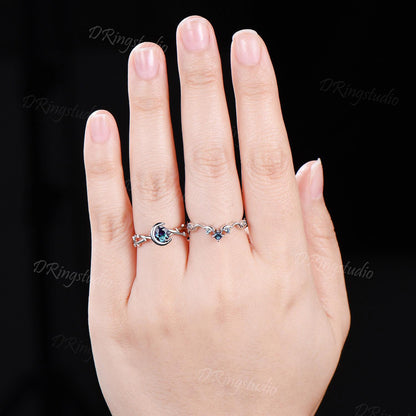 Gothic Black Vine Alexandrite Engagement Ring Celestial Moon Round Alexandrite Wedding Ring Set Black Gold Twig Ring Proposal Gift for Women