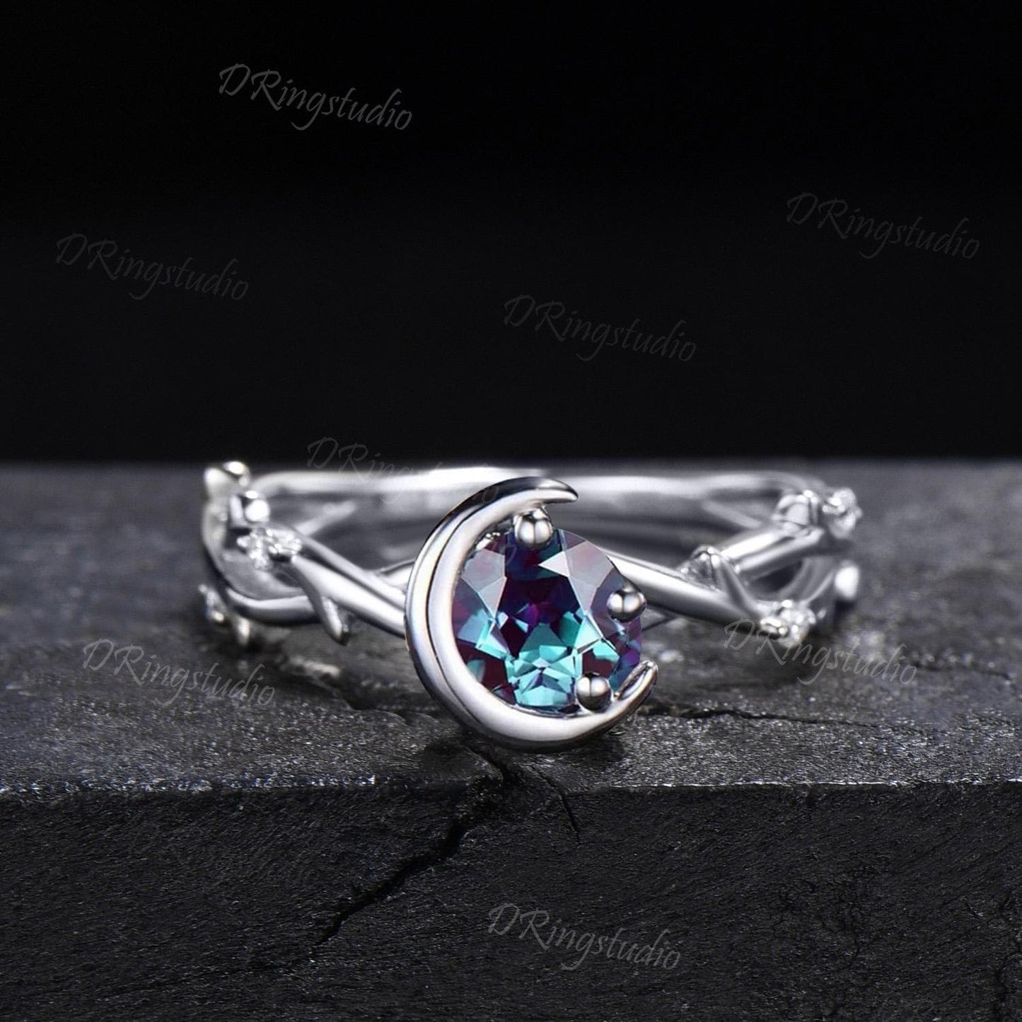 Gothic Black Vine Alexandrite Engagement Ring Celestial Moon Round Alexandrite Wedding Ring Set Black Gold Twig Ring Proposal Gift for Women