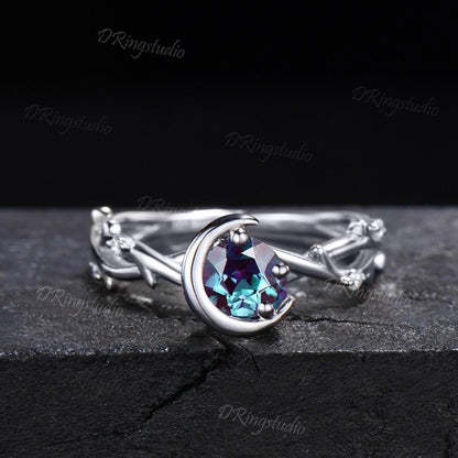 Gothic Black Vine Alexandrite Engagement Ring Celestial Moon Round Alexandrite Wedding Ring Set Black Gold Twig Ring Proposal Gift for Women