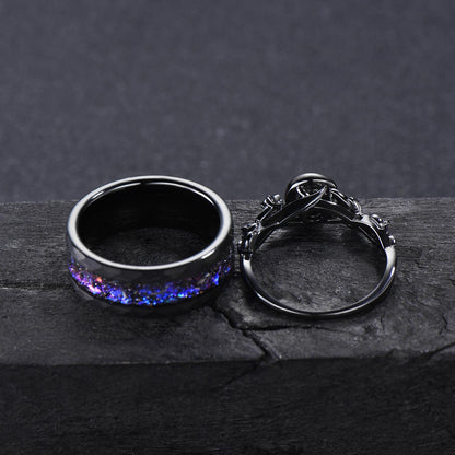 Gothic Nebula Couple Ring Set Galaxy Blue Sandstone Moon Engagement Ring Black Tungsten Ring His and Hers Matching Wedding Band Promise Gift