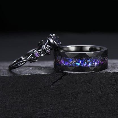 Gothic Nebula Couple Ring Set Galaxy Blue Sandstone Moon Engagement Ring Black Tungsten Ring His and Hers Matching Wedding Band Promise Gift
