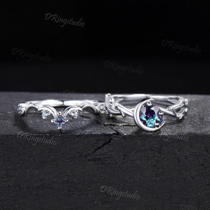 Gothic Black Vine Alexandrite Engagement Ring Celestial Moon Round Alexandrite Wedding Ring Set Black Gold Twig Ring Proposal Gift for Women