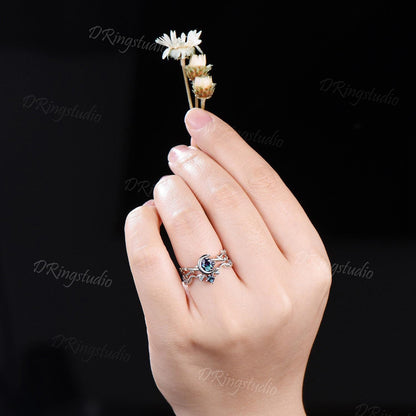 Gothic Black Vine Alexandrite Engagement Ring Celestial Moon Round Alexandrite Wedding Ring Set Black Gold Twig Ring Proposal Gift for Women