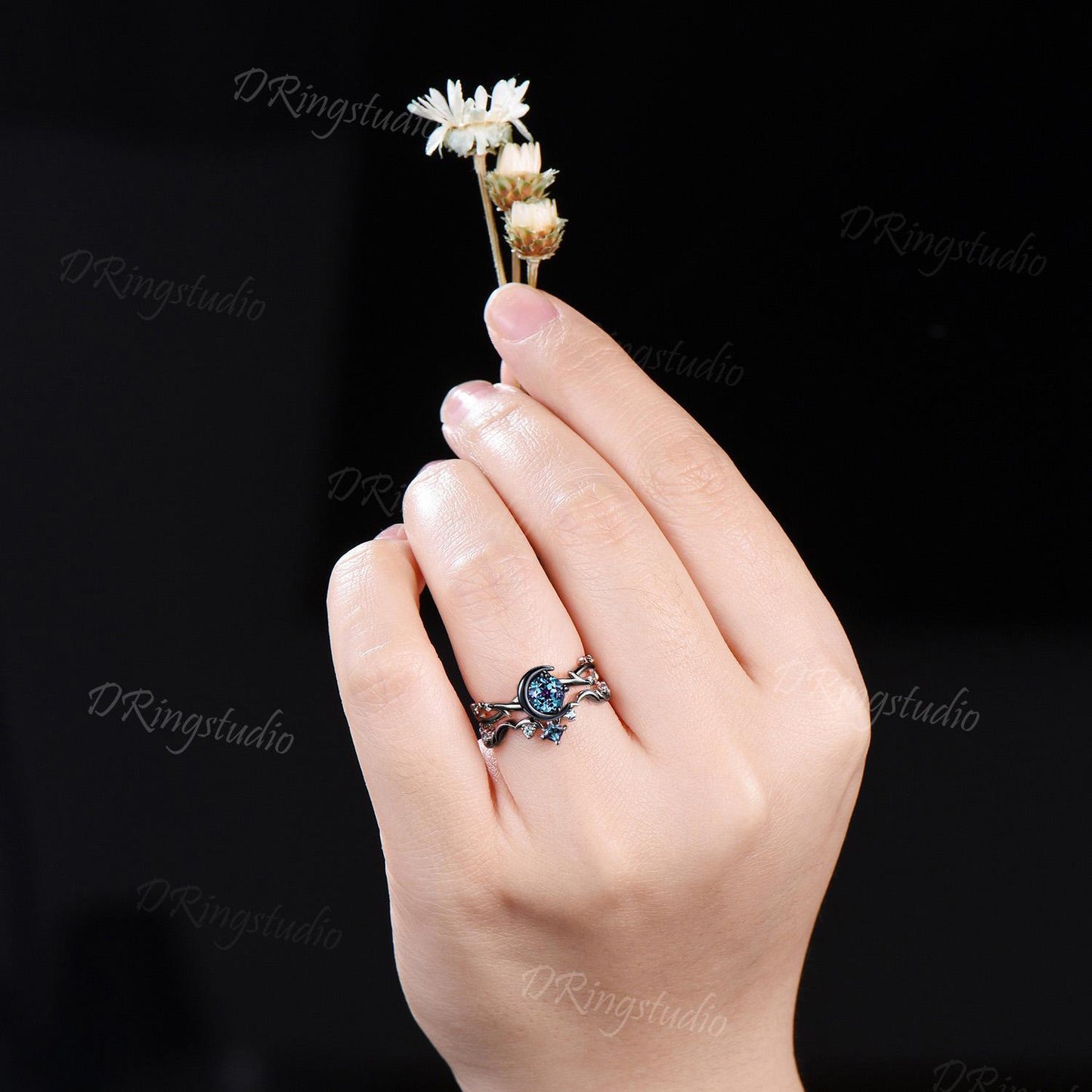 Gothic Black Vine Alexandrite Engagement Ring Celestial Moon Round Alexandrite Wedding Ring Set Black Gold Twig Ring Proposal Gift for Women