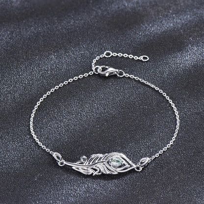 Unique Peacock Feather Charm Bracelet Dainty Natural Moss Agate Wedding Bracelet White Gold Boho Style Bracelet Promise Gift Jewelry for Her