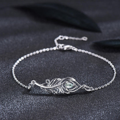 Unique Peacock Feather Charm Bracelet Dainty Natural Moss Agate Wedding Bracelet White Gold Boho Style Bracelet Promise Gift Jewelry for Her