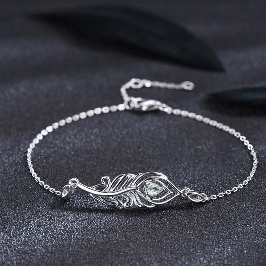 Unique Peacock Feather Charm Bracelet Dainty Natural Moss Agate Wedding Bracelet White Gold Boho Style Bracelet Promise Gift Jewelry for Her