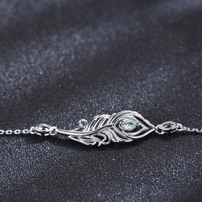Unique Peacock Feather Charm Bracelet Dainty Natural Moss Agate Wedding Bracelet White Gold Boho Style Bracelet Promise Gift Jewelry for Her