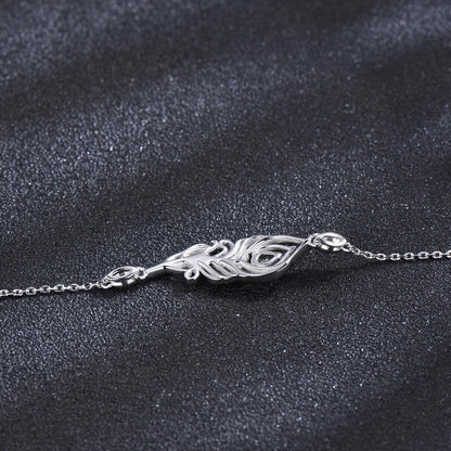 Unique Peacock Feather Charm Bracelet Dainty Natural Moss Agate Wedding Bracelet White Gold Boho Style Bracelet Promise Gift Jewelry for Her