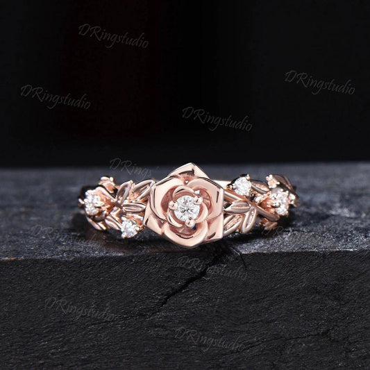 Nature inspired Round Diamond Engagement Ring Floral Wedding Ring Rose Gold Moissanite Ring Leaf Branch Bridal Set Anniversary Gift for Her