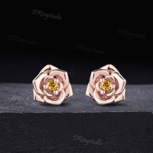 Round Cut Natural Citrine Stud Earrings Delicate Rose Gold Flower Yellow Crystal Earrings November Birthstone Studs Jewelry Proposal Gift
