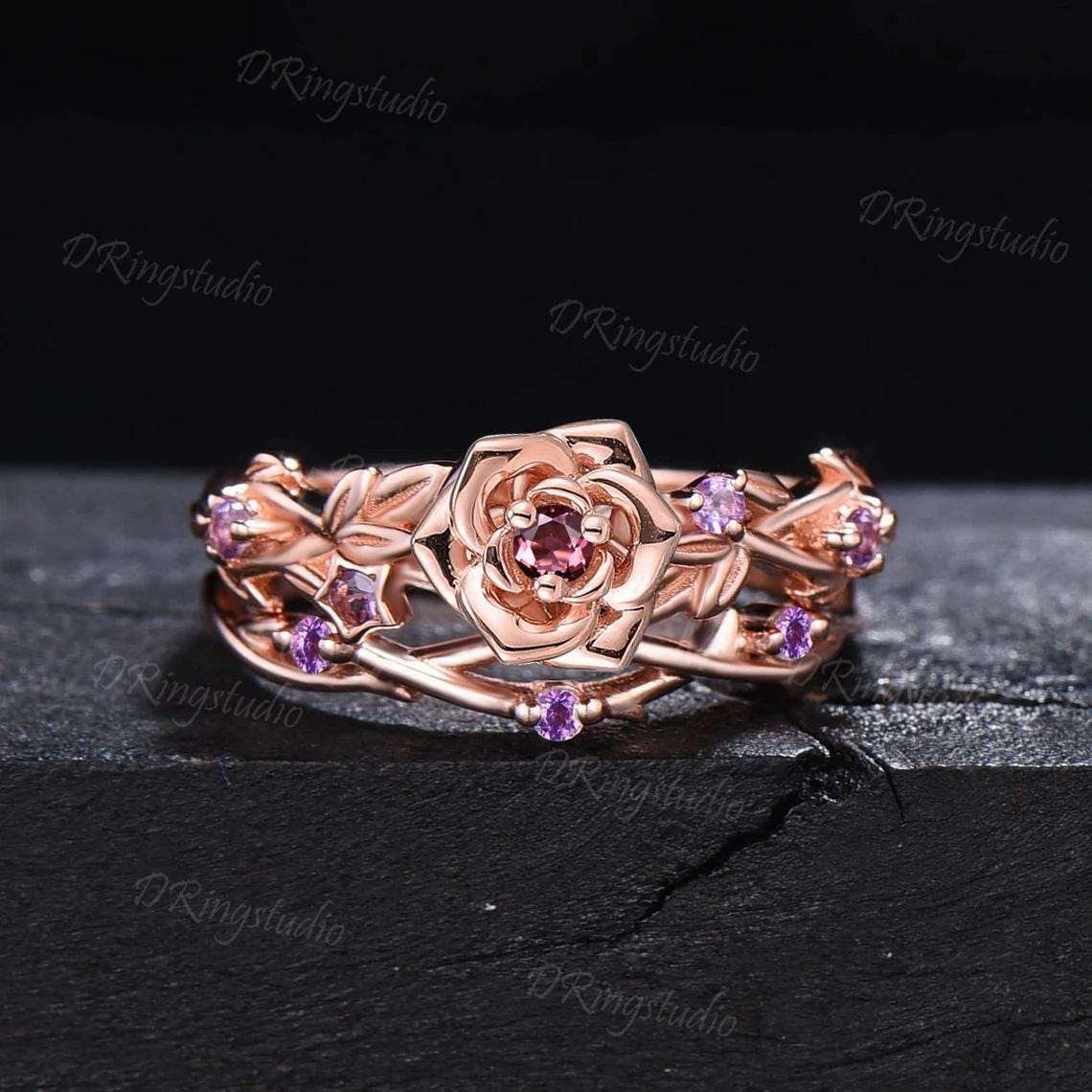 Flower Inspired Round Pink Tourmaline Engagement Ring Set 14k Rose Gold Amethyst Floral Wedding Ring Branch Leaf Bridal Set Anniversary Gift