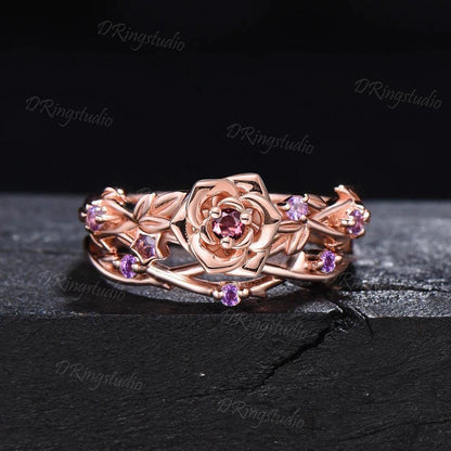 Flower Inspired Round Pink Tourmaline Engagement Ring Set 14k Rose Gold Amethyst Floral Wedding Ring Branch Leaf Bridal Set Anniversary Gift