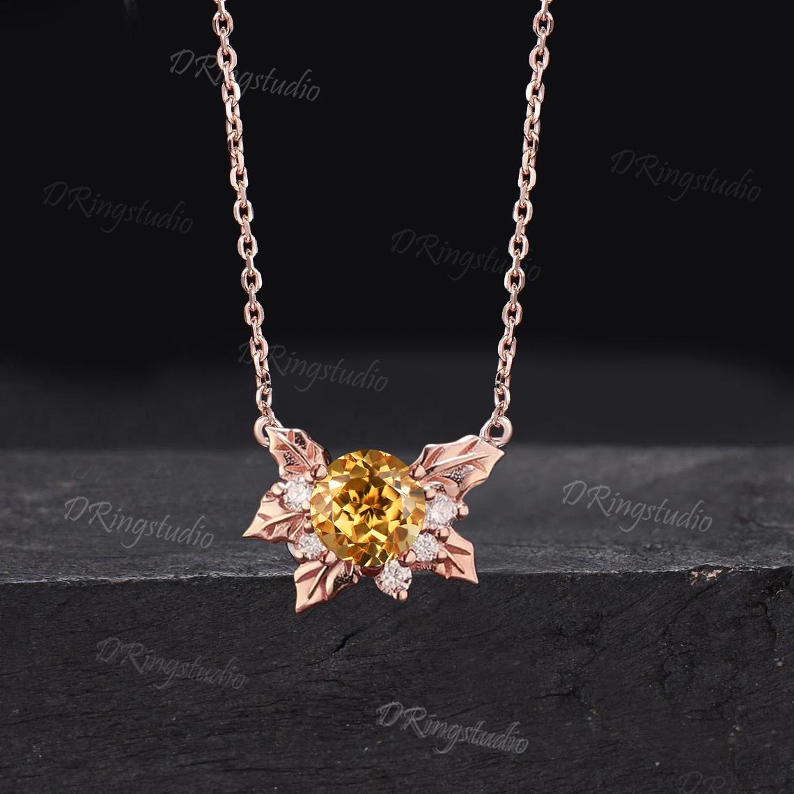 1CT Round Natural Citrine Holly Leaves Necklace Nature Inspired Moissanite Pendant 14k Rose Gold December Birth Flower Necklace Promise Gift