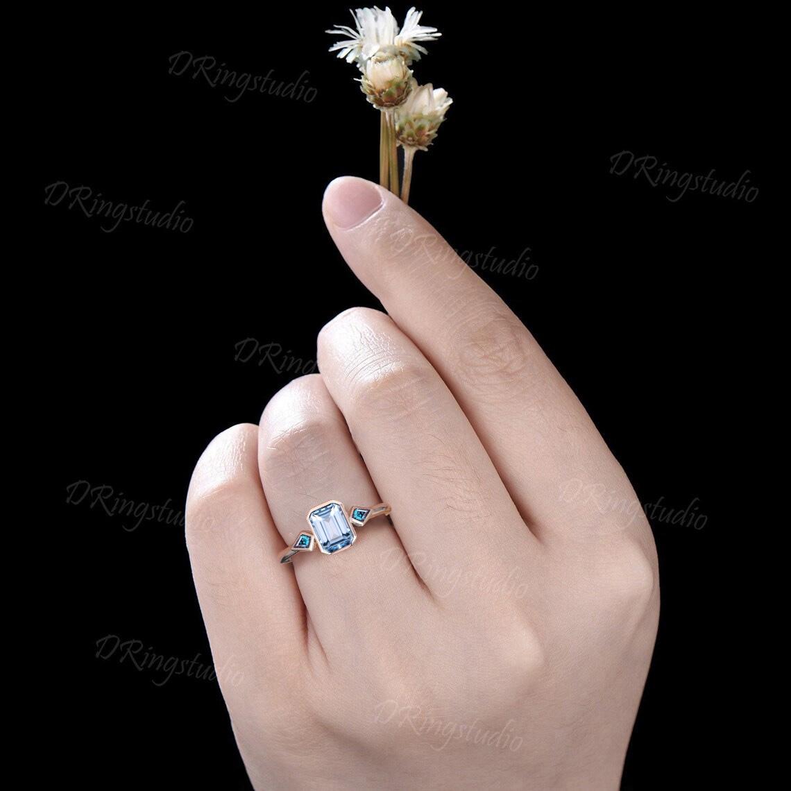 2CT Emerald Cut Natural Aquamarine Engagement Ring Vintage Bezel Set Three Stone Promise Ring for Women 14k Rose Gold March Birthstone Ring
