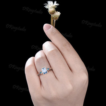 2CT Emerald Cut Natural Aquamarine Engagement Ring Vintage Bezel Set Three Stone Promise Ring for Women 14k Rose Gold March Birthstone Ring