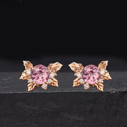 Dainty Padparadscha Sapphire Leaf Stud Earrings Rose Gold Round Cut Pink Sapphire Studs Cluster Moissanite Earrings Holly Studs Gift for Her