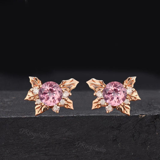 Dainty Padparadscha Sapphire Leaf Stud Earrings Rose Gold Round Cut Pink Sapphire Studs Cluster Moissanite Earrings Holly Studs Gift for Her