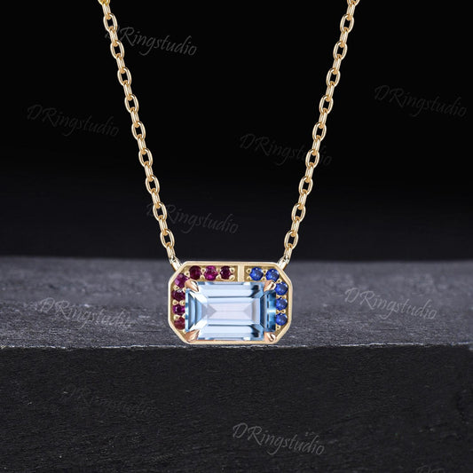 2ct Natural Emerald Cut Aquamarine Necklace Bezel Set March Birthstone Wedding Necklace Art Deco Halo Sapphire Amethyst Pendant Gift for Her