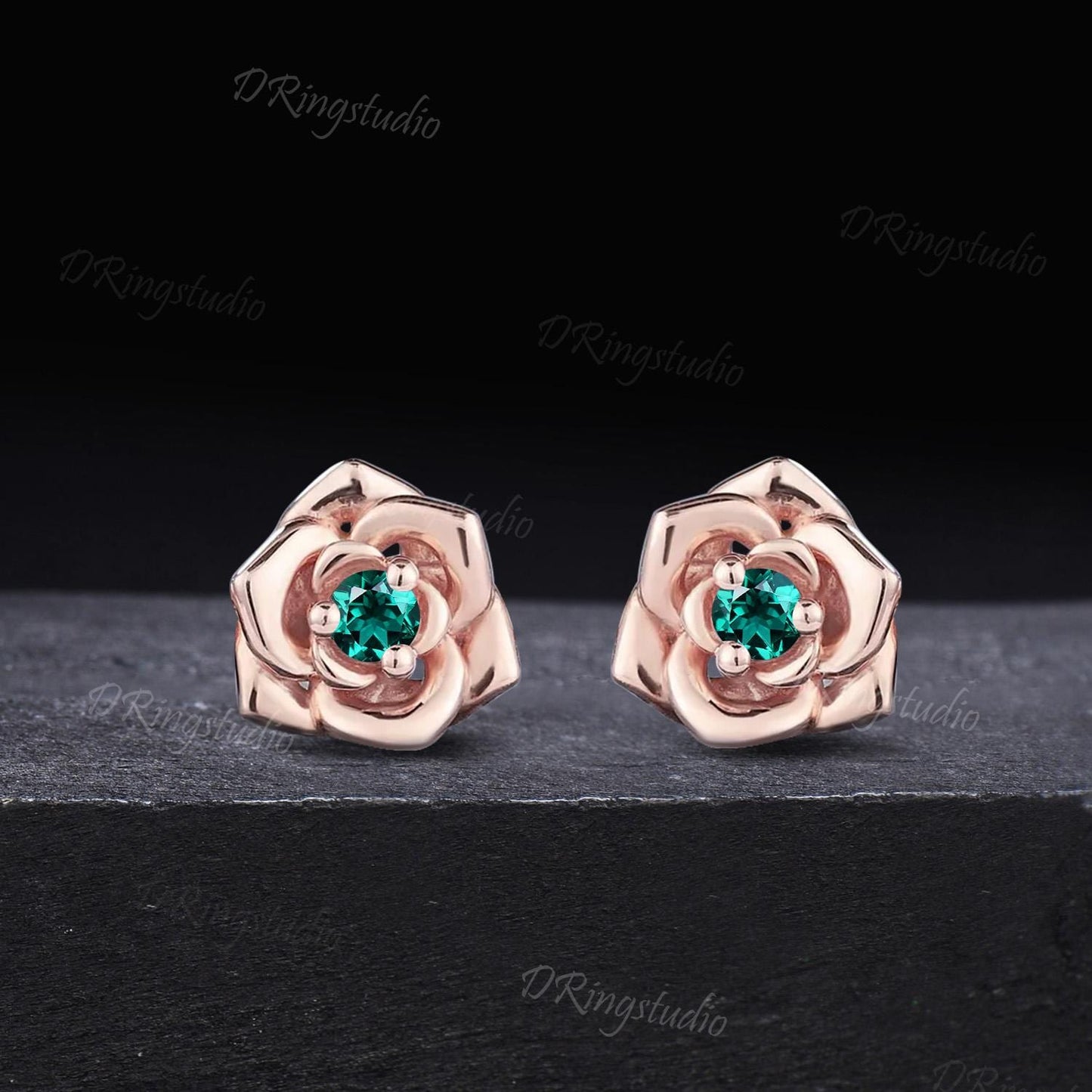 Dainty Floral Round Green Emerald Studs Minimalist Flower Blossom Stud Earrings Solid Rose Gold May Birthstone Earrings Wedding Bride Gift