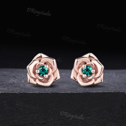 Dainty Floral Round Green Emerald Studs Minimalist Flower Blossom Stud Earrings Solid Rose Gold May Birthstone Earrings Wedding Bride Gift
