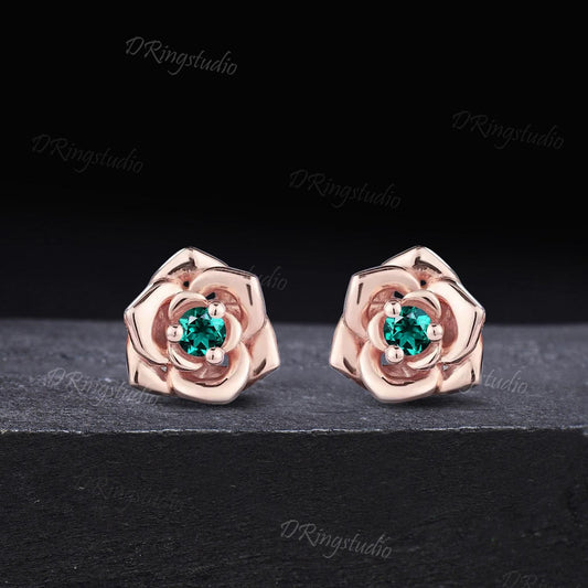 Dainty Floral Round Green Emerald Studs Minimalist Flower Blossom Stud Earrings Solid Rose Gold May Birthstone Earrings Wedding Bride Gift