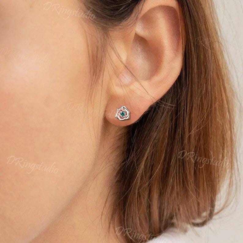 Dainty Floral Round Green Emerald Studs Minimalist Flower Blossom Stud Earrings Solid Rose Gold May Birthstone Earrings Wedding Bride Gift